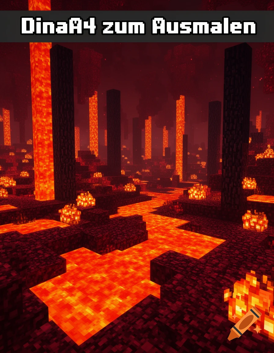 A pixel art image in Minecraft style, depicting the Nether with flowing lava rivers, dark blocky terrain, and glowing orange pillars. Text at the top reads "DinaA4 zum Ausmalen".