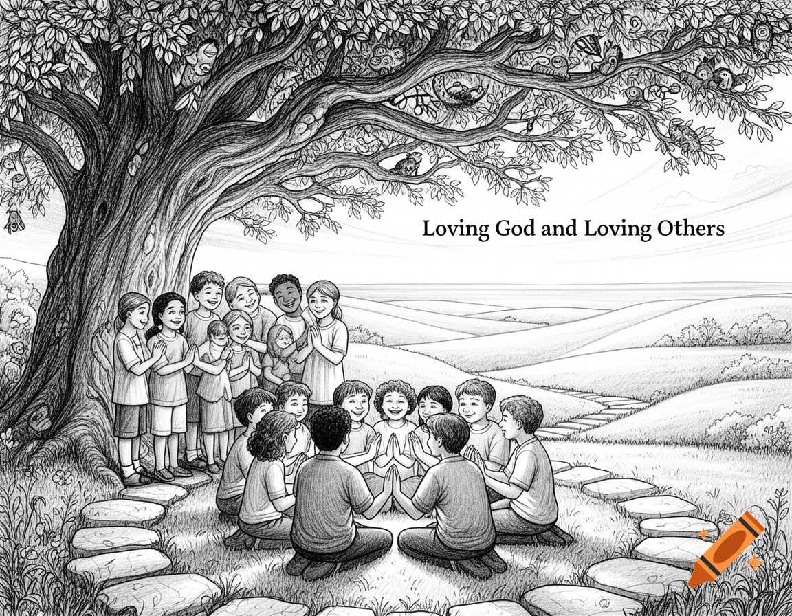 Black and white ink drawing of diverse children gathered under a large tree, some praying, others standing, with rolling hills in the background and text 'Loving God and Loving Others'.