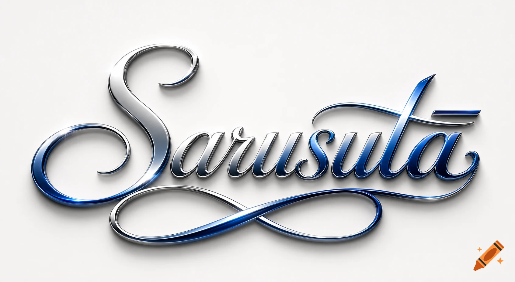 Shiny silver and blue metallic cursive text spelling "Sarusut"},