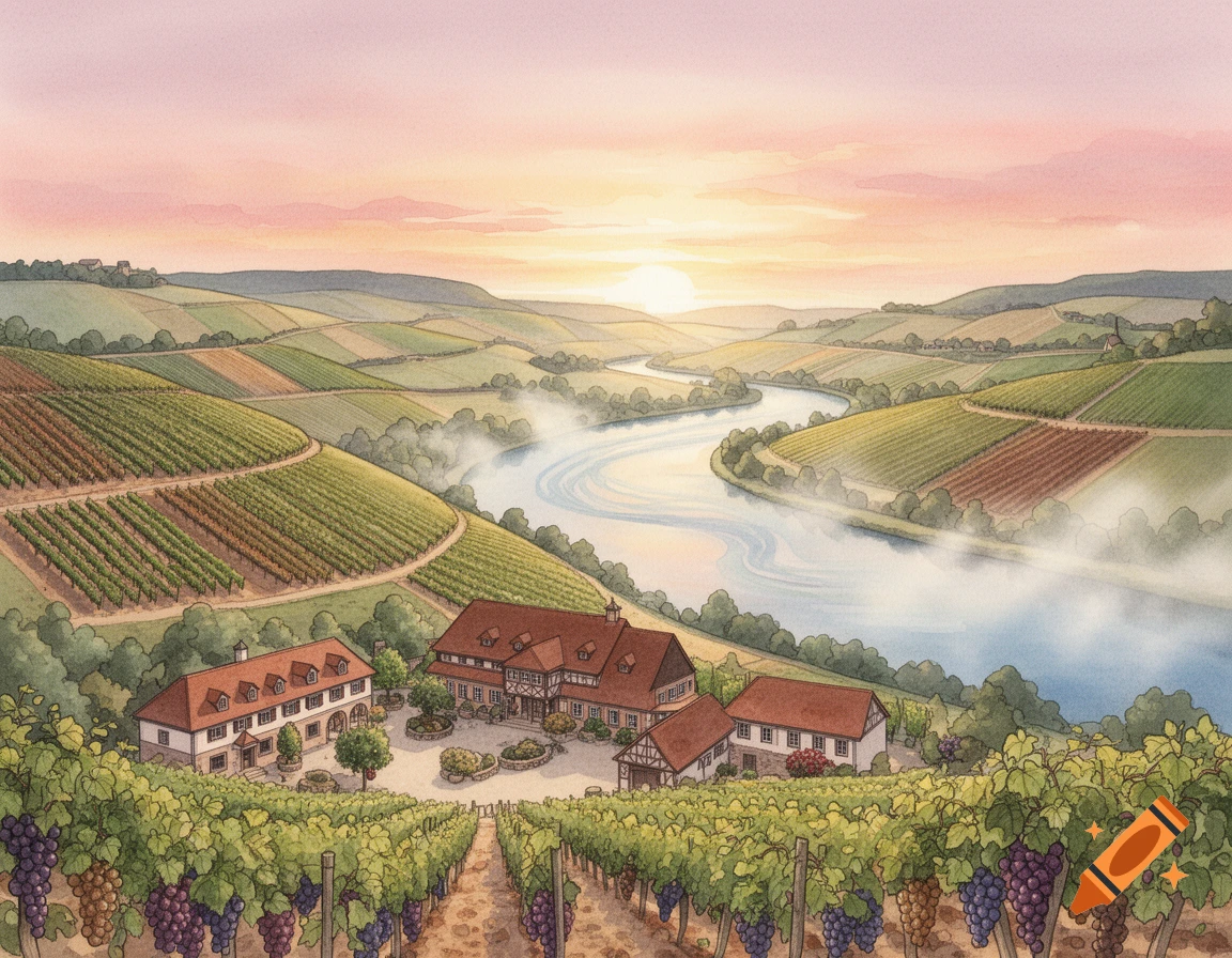 Watercolor painting of a picturesque vineyard landscape with a winding river, buildings, and rolling hills under a vibrant sunset.