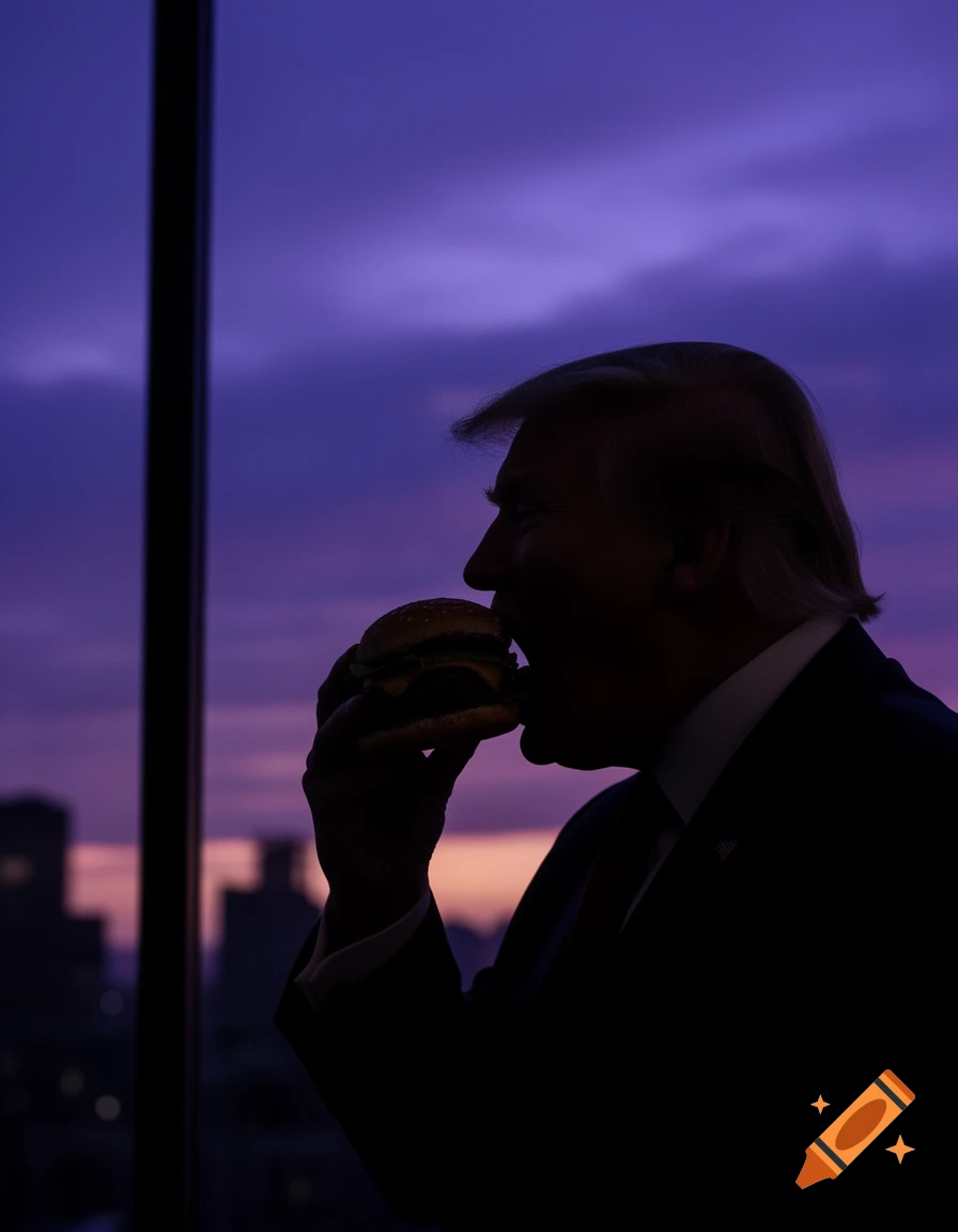Silhouette of Donald Trump eating a hamburger against a dramatic purple and pink sunset sky, with a city visible in the background.