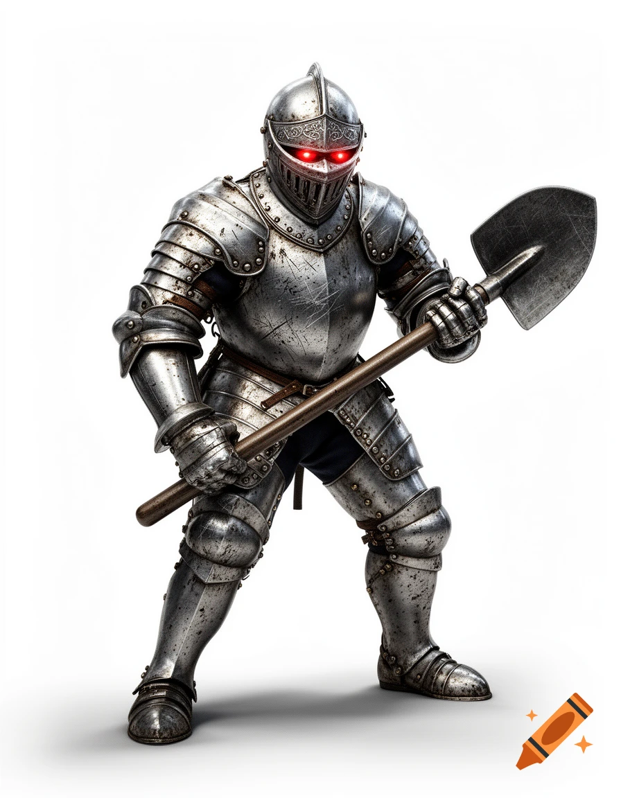 A knight in scratched full plate armor with glowing red eyes holds a long-handle shovel on a white background.