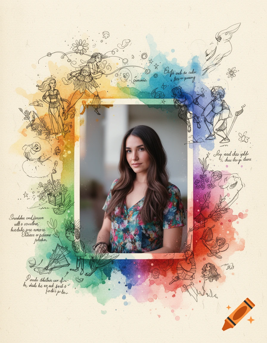 A woman's portrait framed by a watercolor splash and whimsical line art sketches on a light page, evoking a personal sketchbook.