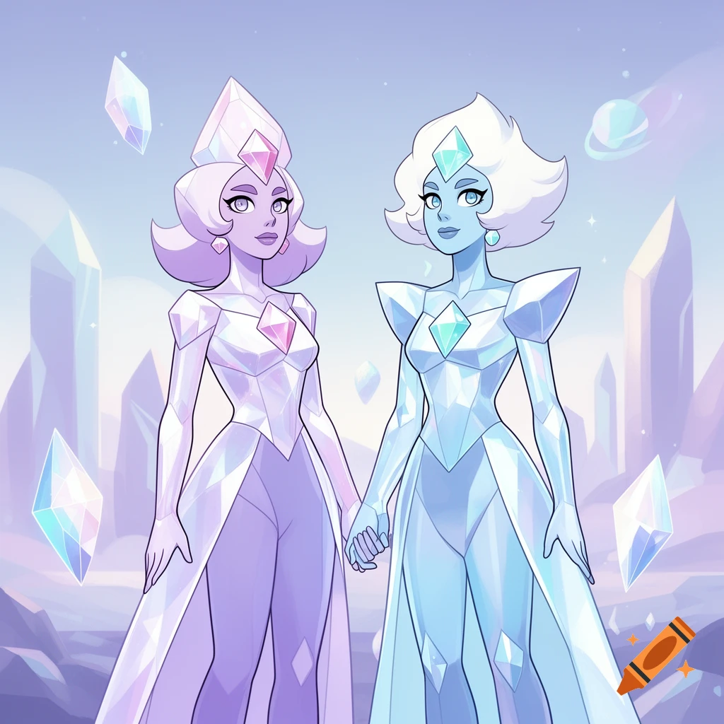 Two stylized female characters, one purple and one blue, with crystal-like features and outfits, hold hands against a fantasy crystal city background.