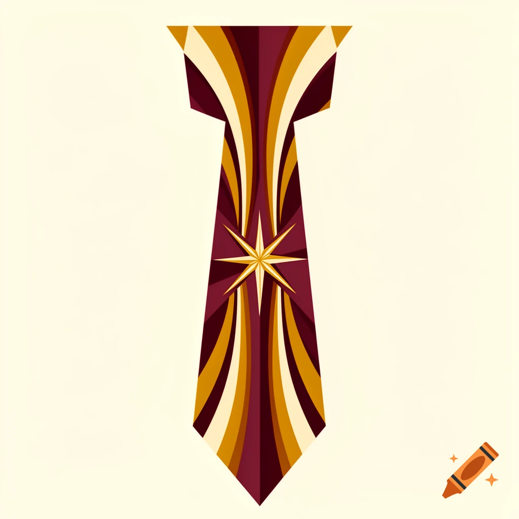 A flat, graphic Art Deco vintage necktie in maroon, burgundy, mustard yellow, and cream, with sweeping curves and a central starburst.