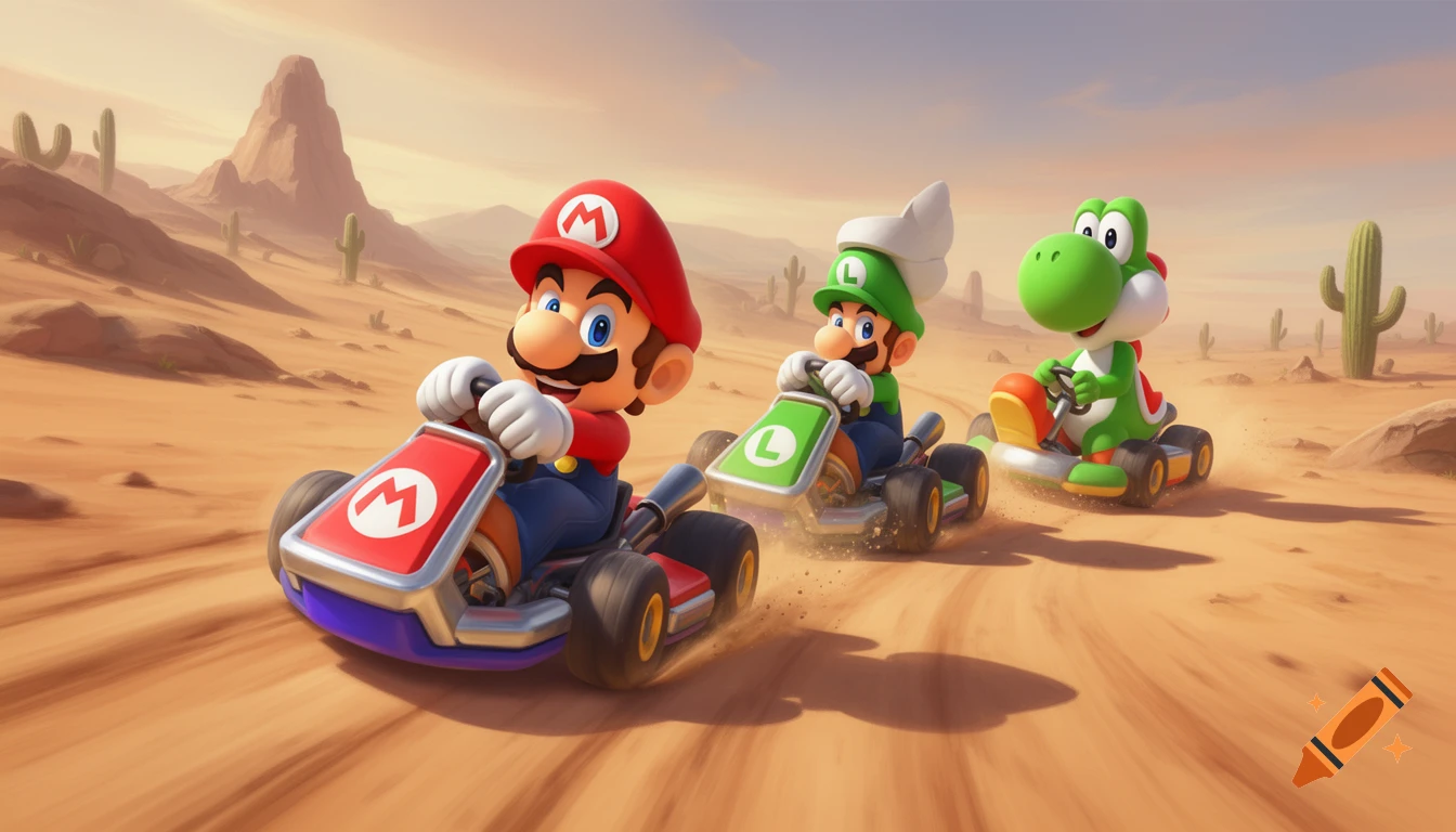 Mario, Luigi, and Yoshi race go-karts in a stylized desert landscape with cactuses and mountains under a clear sky.