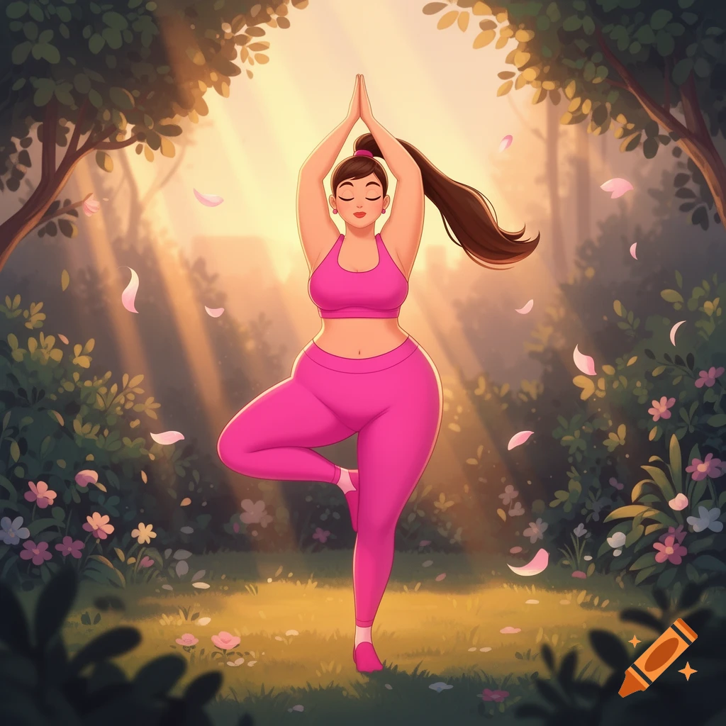 A stylized cartoon woman with a ponytail, dressed in a pink crop top and leggings, does a tree yoga pose in a sun-dappled forest clearing with pink petals falling.