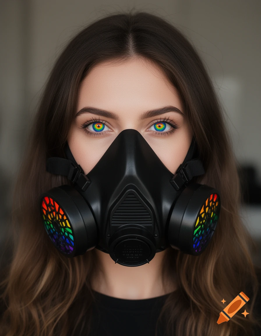 A photorealistic close-up portrait of a woman wearing a black gas mask with rainbow-patterned filters, looking directly forward with vibrant rainbow irises.