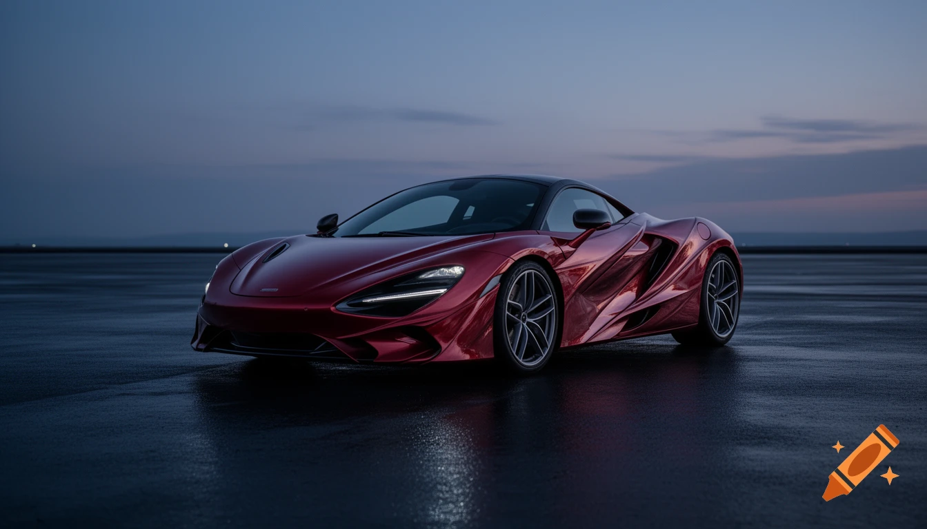 A metallic crimson red supercar with dynamic reflections on a wet asphalt surface under a dramatic twilight sky.