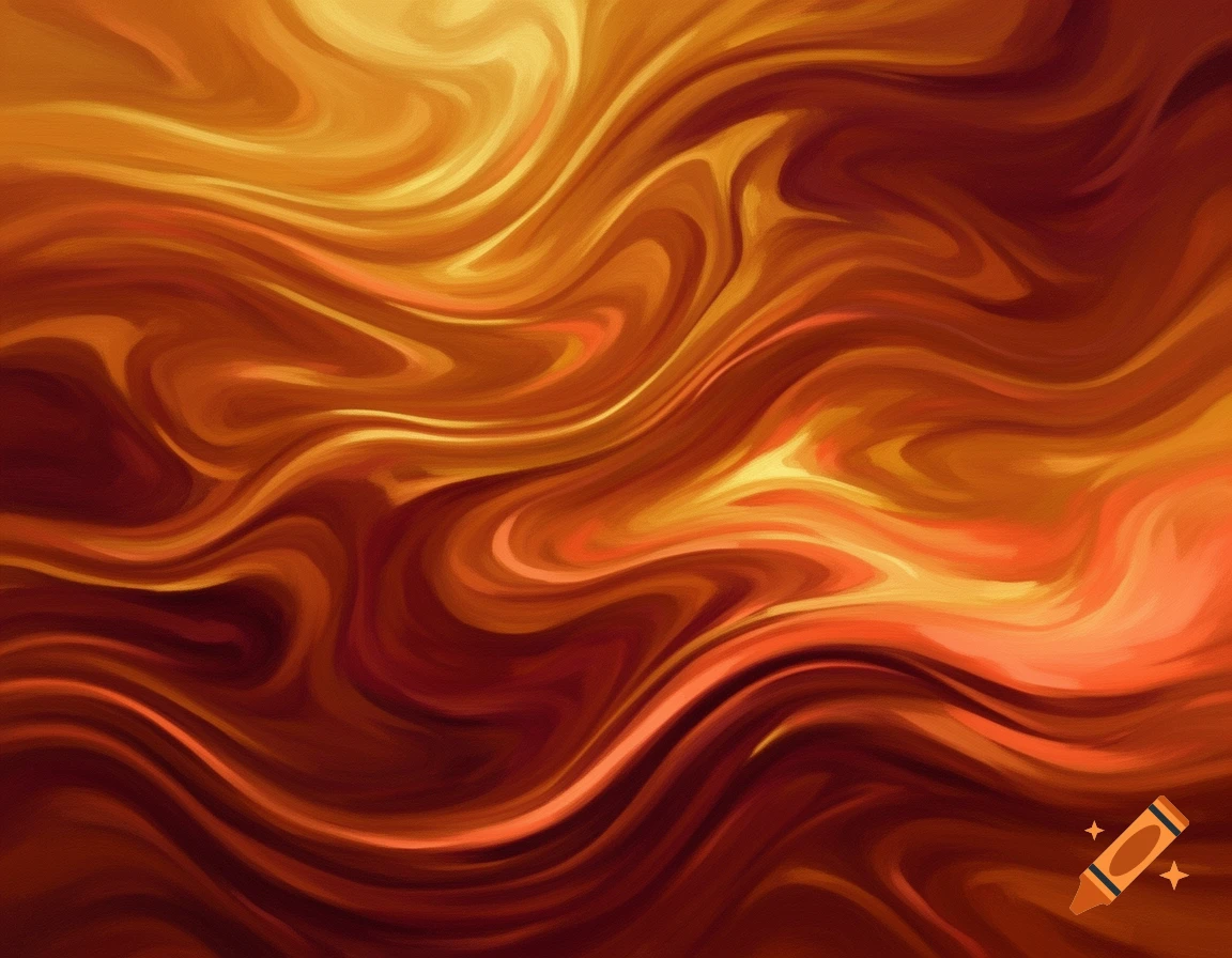 Abstract painting featuring fluid, non-geometric swirls of warm golden, orange, and deep red hues.