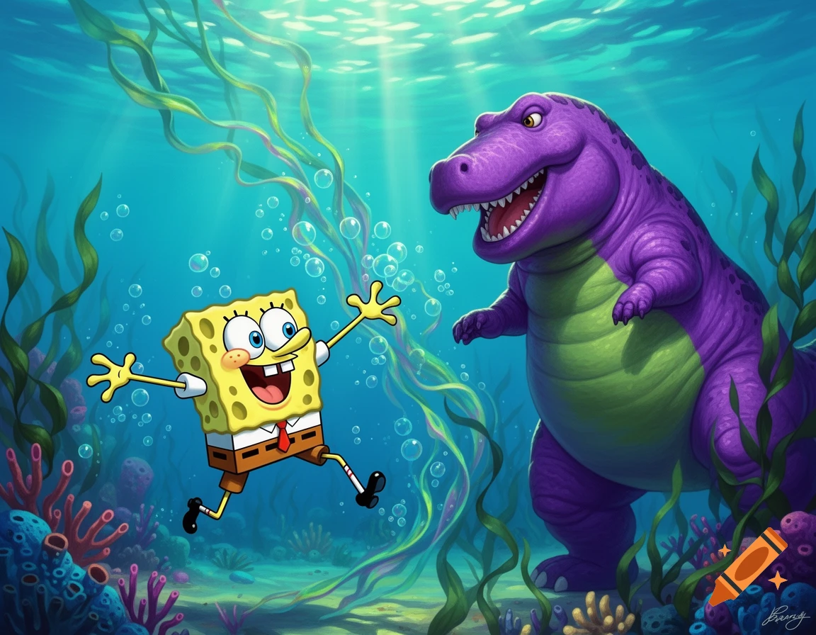 SpongeBob SquarePants joyfully jumps near a smiling purple dinosaur in a vibrant underwater cartoon scene.