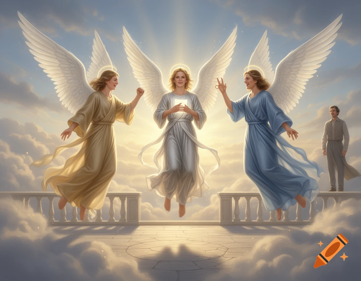 Three smiling angels with wings float above clouds, making hand gestures on a balcony, with a man standing in the background under a bright sky.