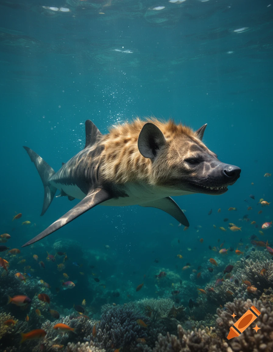 Photorealistic image of a shark with a hyena's head and fur, swimming in clear blue water above a vibrant coral reef filled with colorful fish.