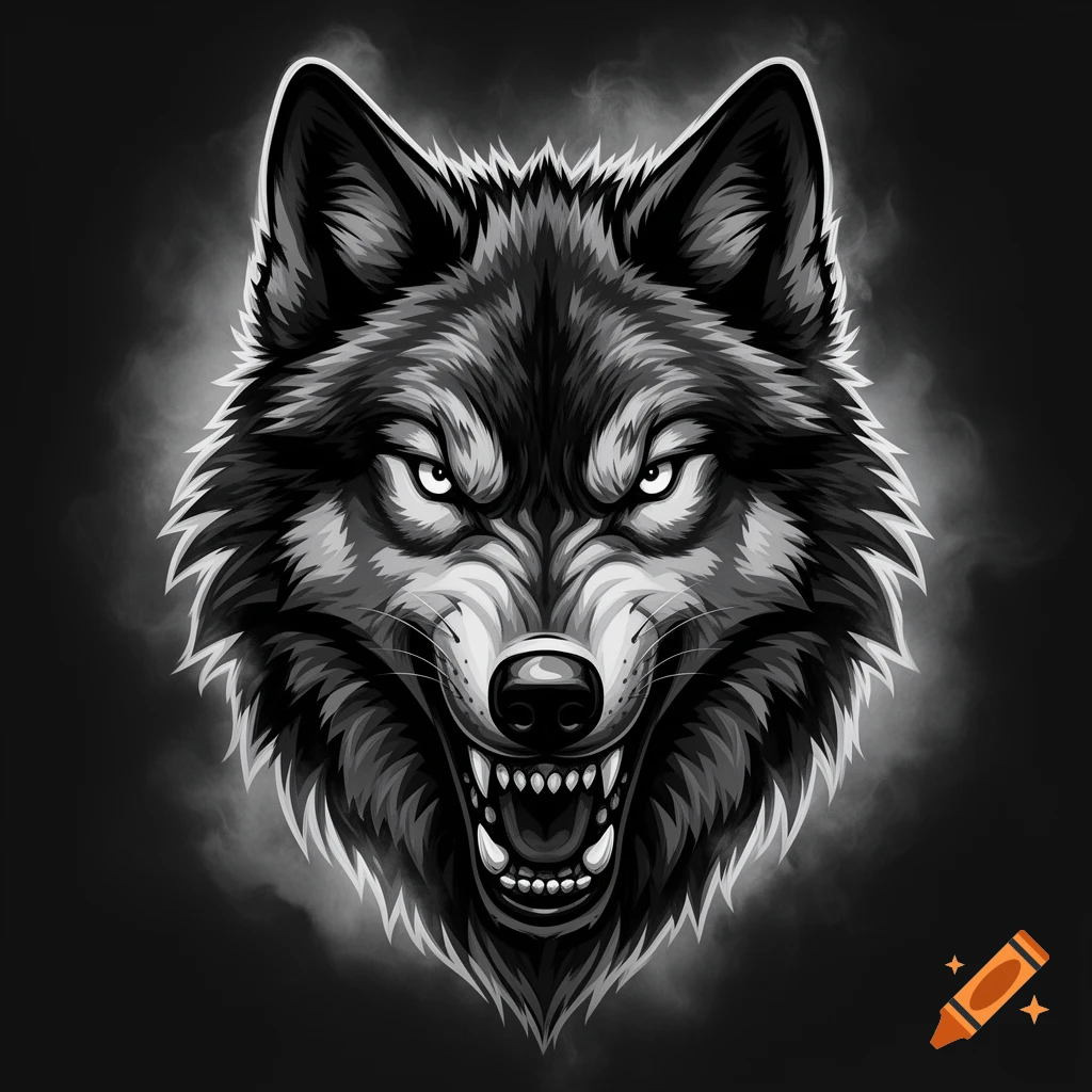 A detailed black and white graphic illustration of an angry wolf head with glowing eyes and bared fangs, against a smoky dark background.