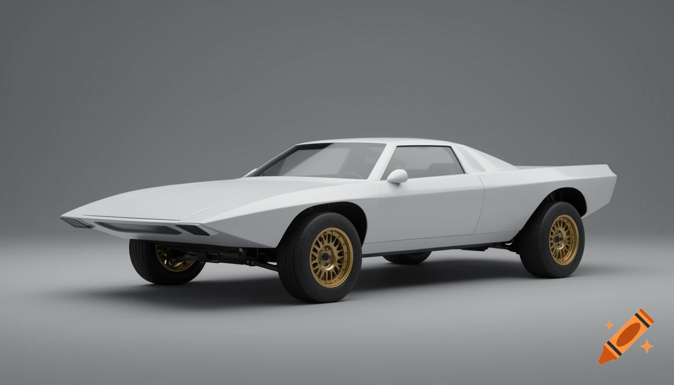 White rally prototype car with gold multi-spoke wheels, featuring a long, sharp wedge-shaped body, on a gray studio background.