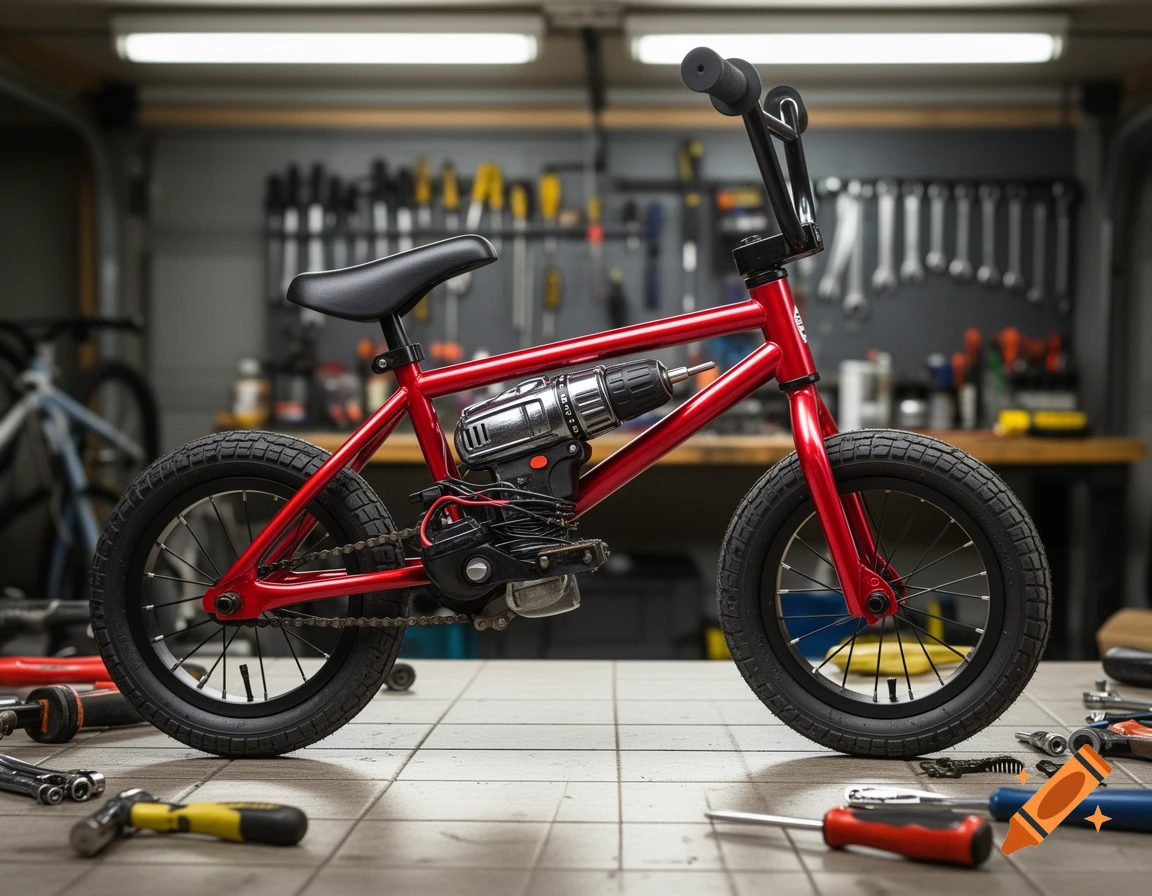 A red mini BMX bike with a silver power drill as a motor sits on a tiled floor in a garage workshop, surrounded by tools.