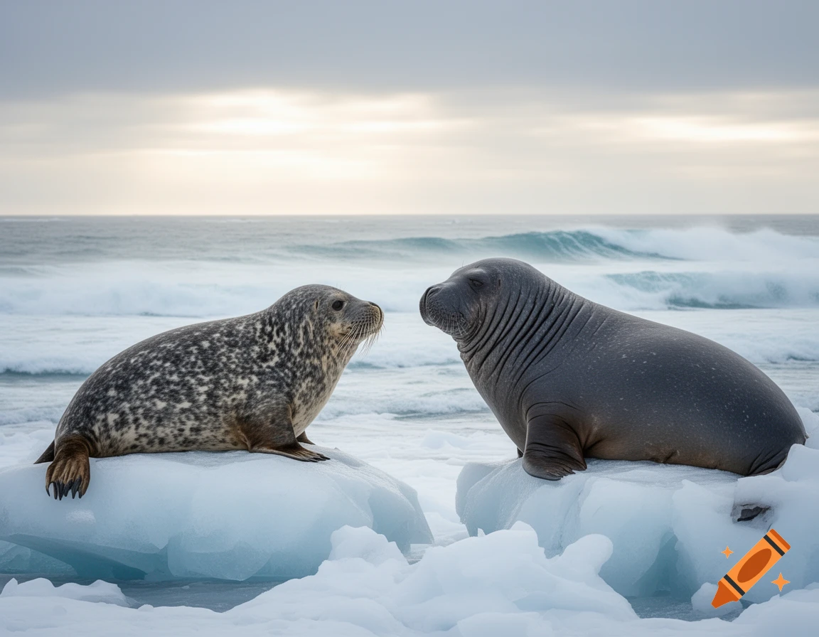 A spotted seal and a dark gray elephant seal sit on blue icebergs in a cold ocean with waves under a cloudy sky.