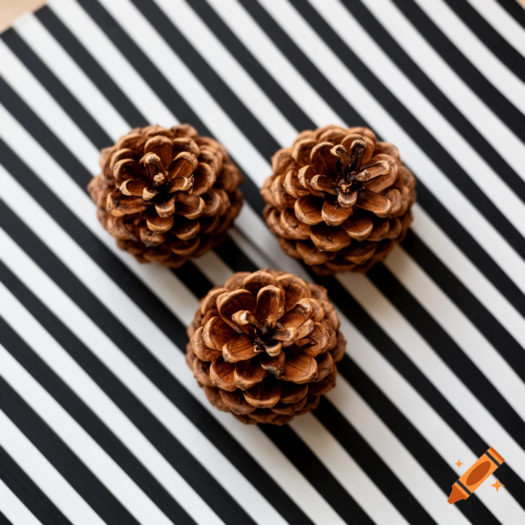 Three brown pinecones are arranged in a triangle on a diagonal black and white striped background.