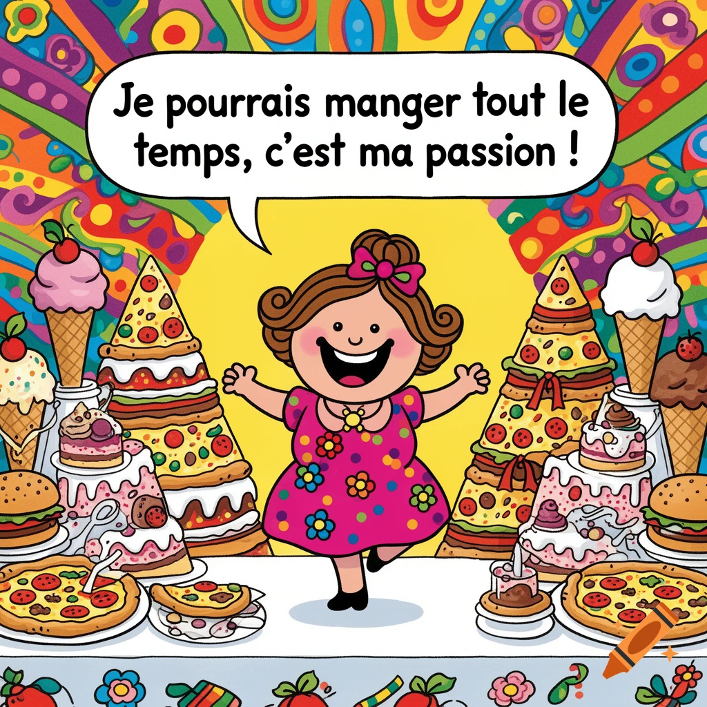 A happy cartoon woman in a pink dress dances amidst food pyramids and ice cream, saying 'I could eat all the time, it's my passion!' in a colorful, childlike illustration style.