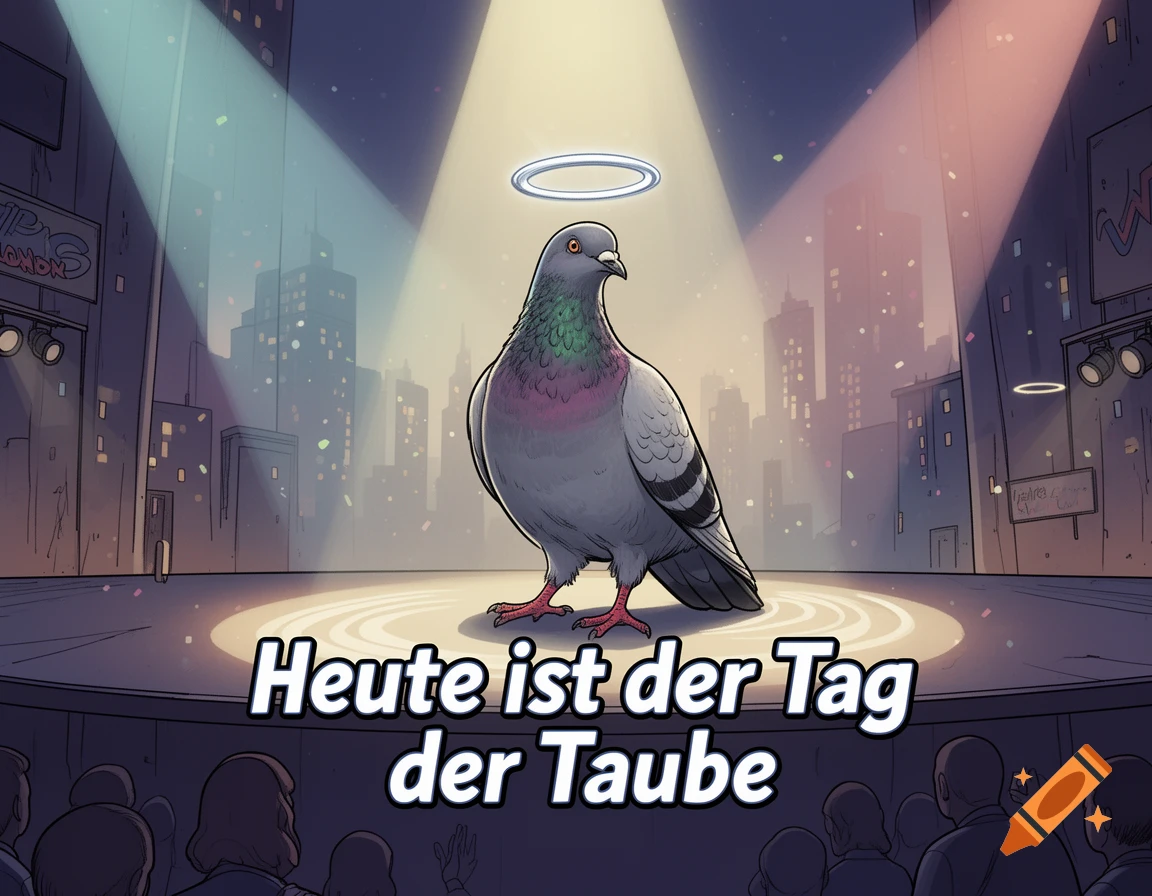 Comic-style pigeon with a halo on a spotlight stage in a city, with text 'Heute ist der Tag der Taube'.