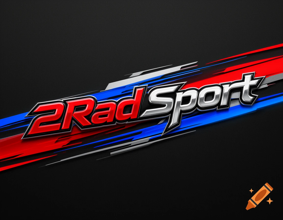 Metallic '2Rad Sport' logo with red and silver text on a black background, featuring dynamic red, blue, and white racing stripes.