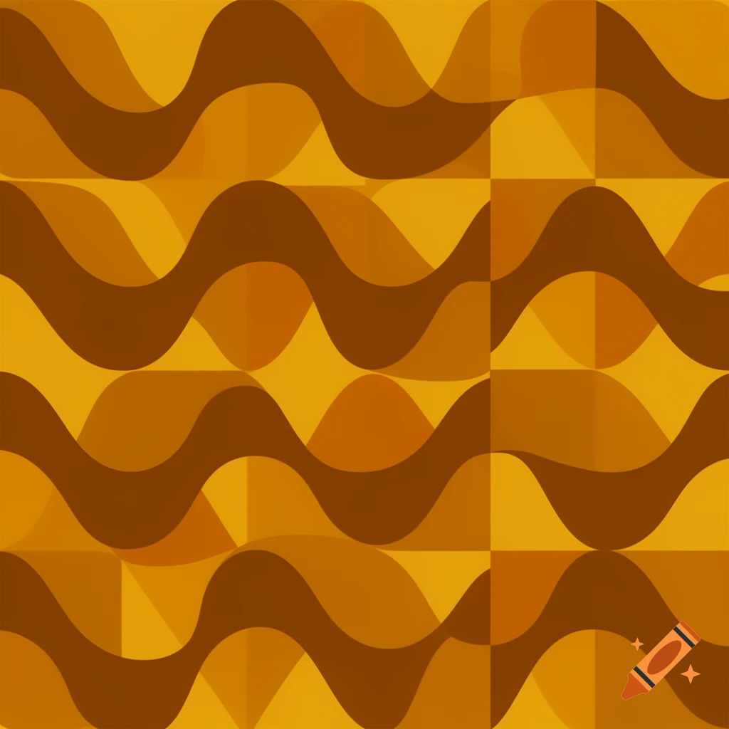 Seamless geometric wavy pattern in shades of mustard yellow, burnt orange, and deep brown, evoking a 1970s retro style.