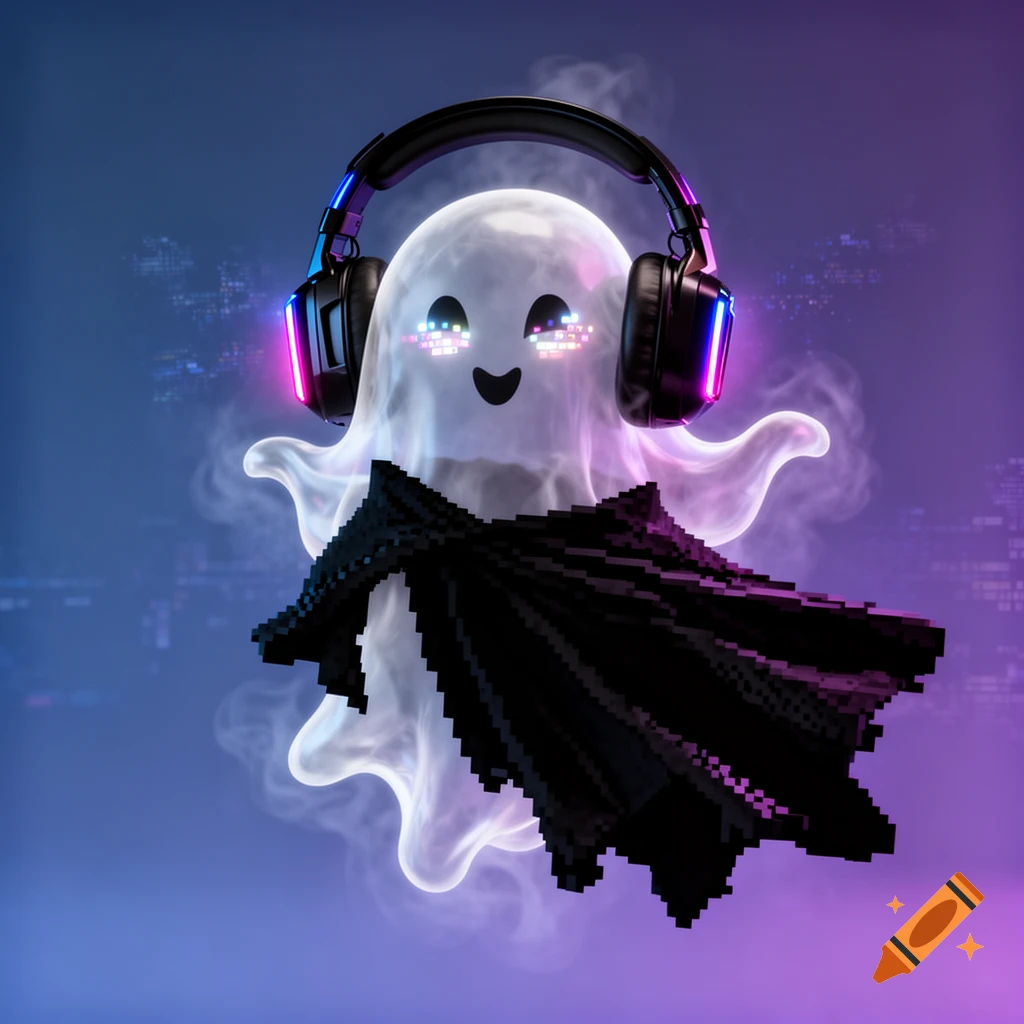 A cute white ghost wearing black gaming headphones with glowing earcups and a black pixelated cape, floating.