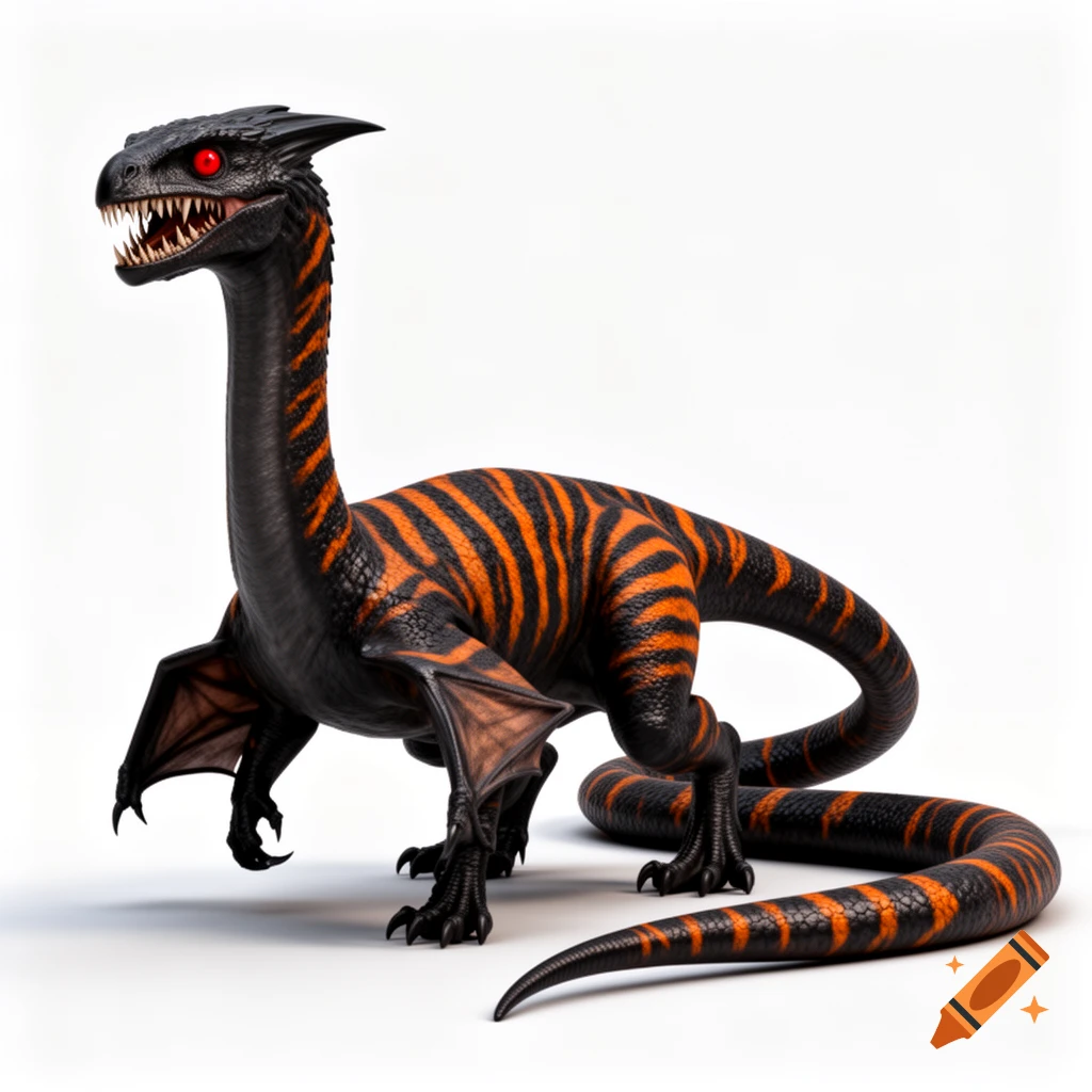 A black and orange tiger-striped dinosaur-like monster with red eyes and sharp teeth, on a white background.