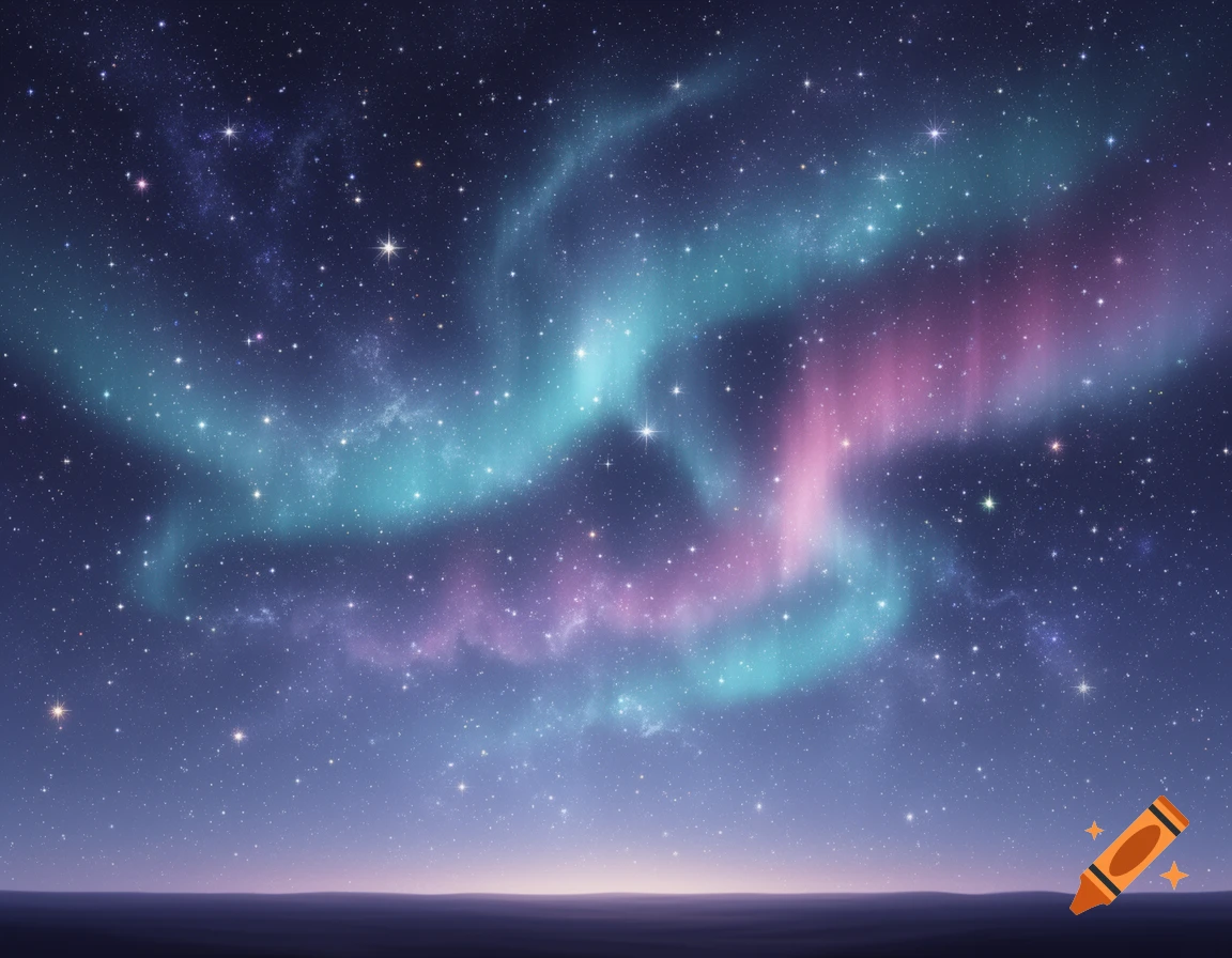 A vibrant night sky filled with countless stars and a swirling aurora borealis in shades of teal, pink, and purple over a dark horizon.