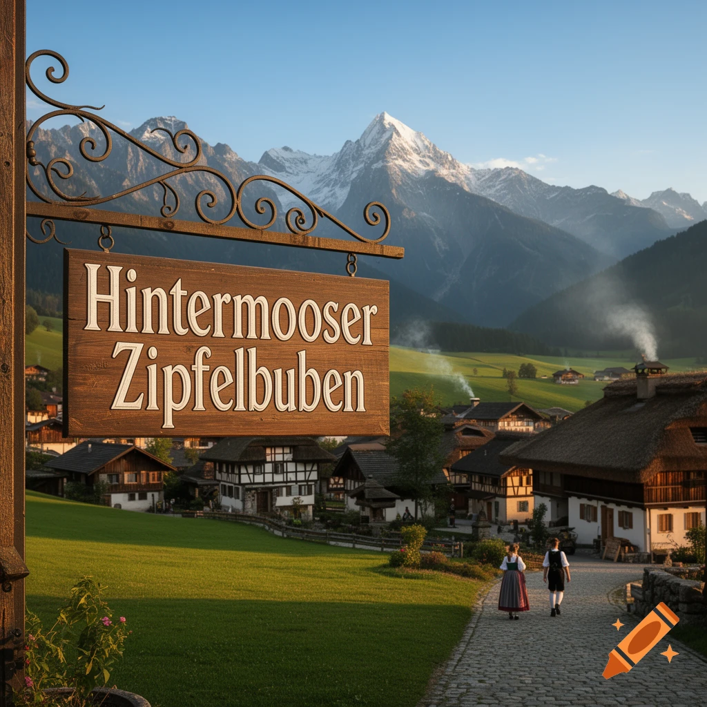 A photorealistic alpine village scene with a 'Hintermooser Zipfelbuben' sign, traditional houses, green fields, and two people in traditional attire, set against snow-capped mountains.