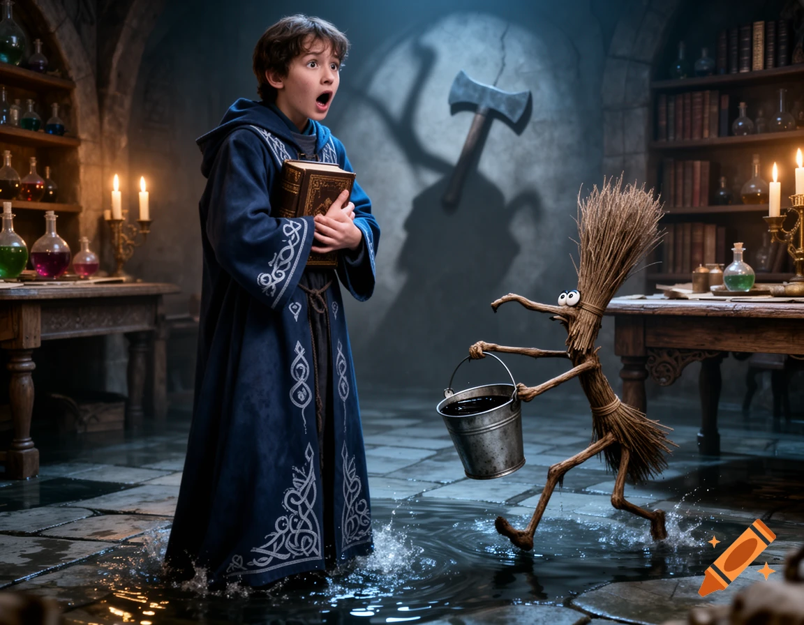 A panicked sorcerer's apprentice in a flooded, magical room watches an animated broom carrying a bucket of water. Photorealistic style.