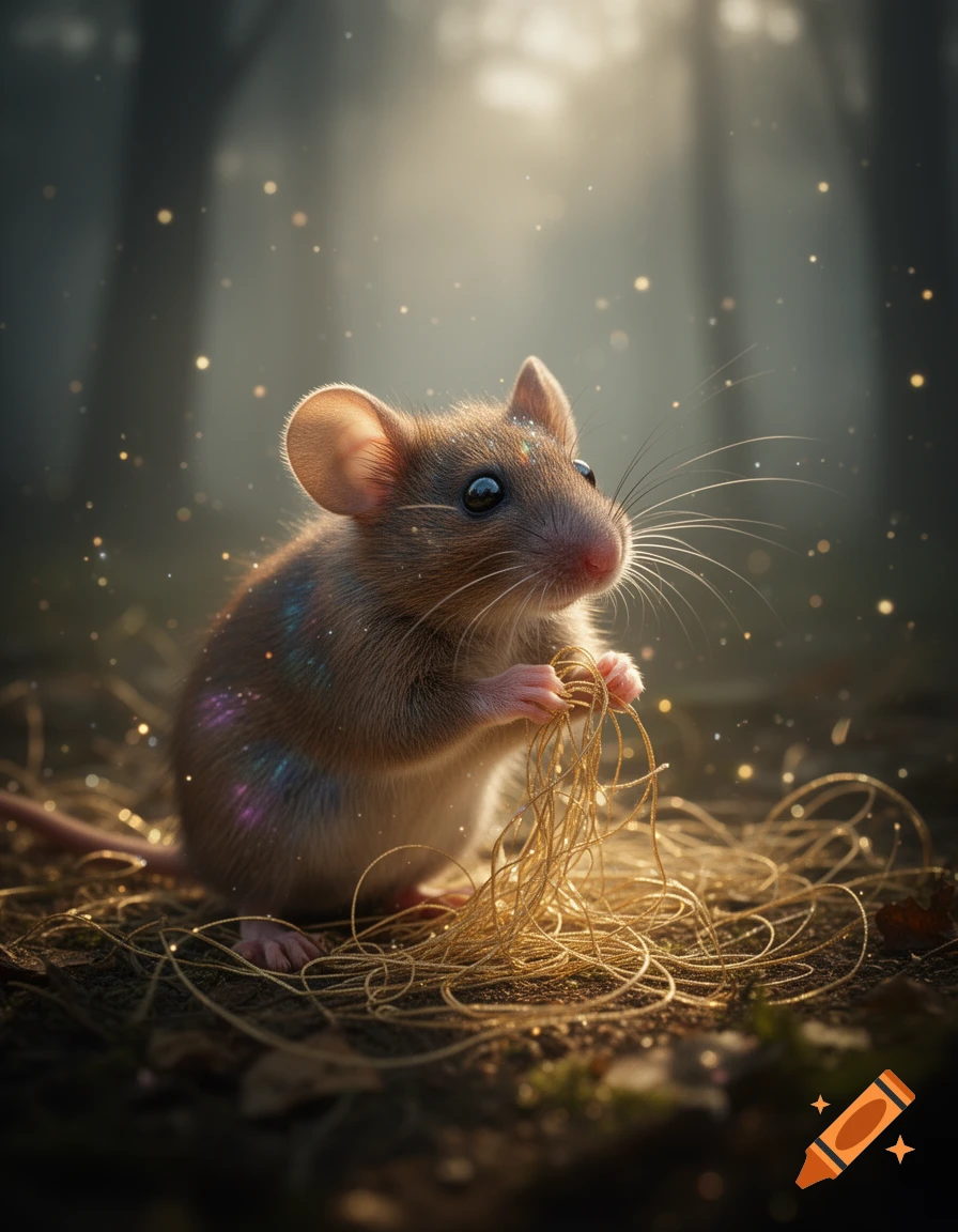 A small, brown mouse with glitter on its fur holds tangled golden threads in its paws, in a magical, sparkling forest.