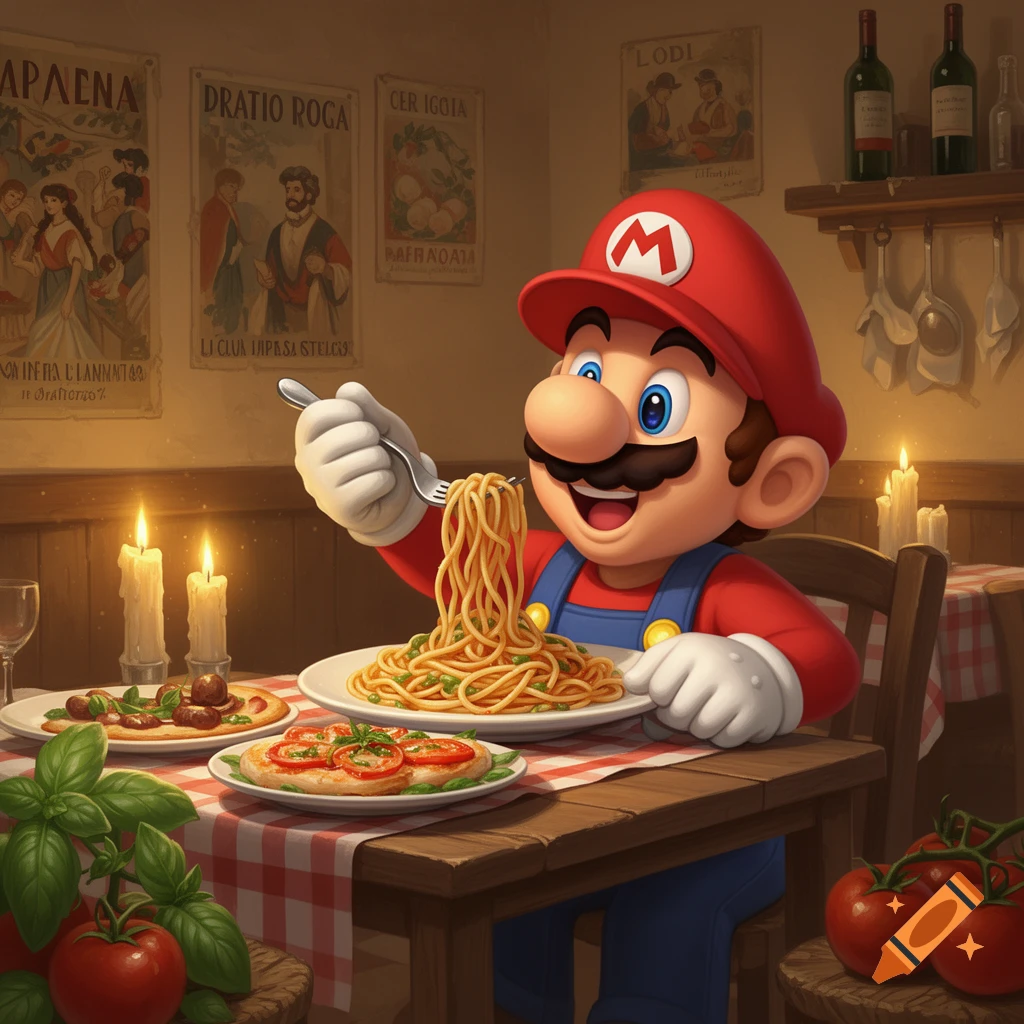 Super Mario happily eating a large plate of spaghetti with a fork, sitting at a table in a dimly lit Italian restaurant with checkered tablecloths and posters on the wall.