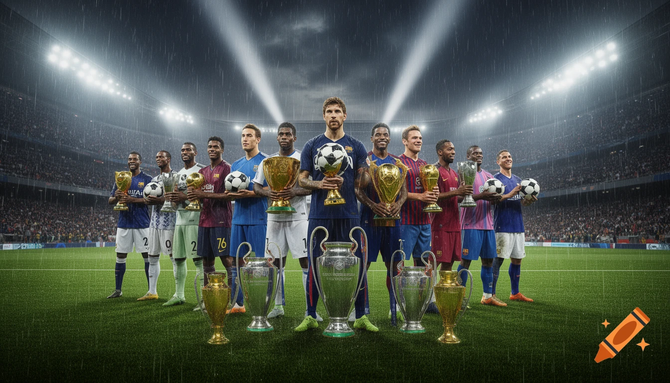 Football players in a rainy stadium holding trophies under spotlights.