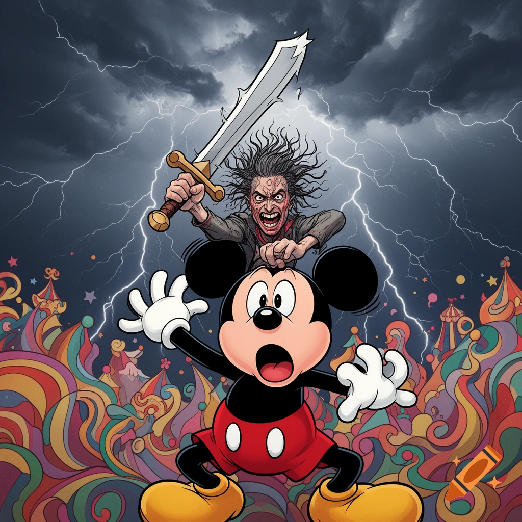 Mickey Mouse looks terrified as a wild-haired, screaming person with a sword lunges from behind him, all against a backdrop of lightning and psychedelic carnival patterns.