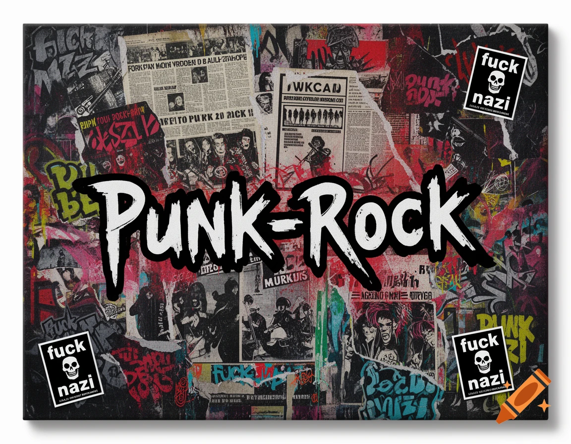 A vibrant punk rock collage with ripped newspapers, graffiti, and stickers. The words "Punk-Rock" are prominent in the center in a distressed white font.