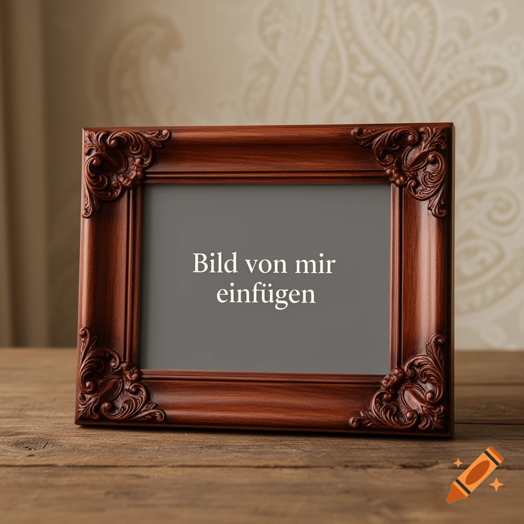 Ornate dark brown wooden picture frame with placeholder text 'Bild von mir einfügen' on a rustic wooden table.