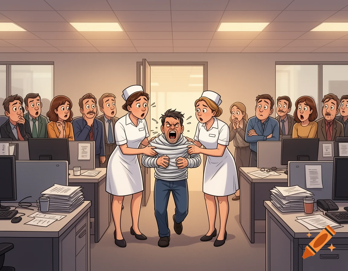 A cartoon illustration shows a man in a straitjacket screaming and resisting as two nurses in an office setting try to lead him away, while shocked colleagues watch from their desks.