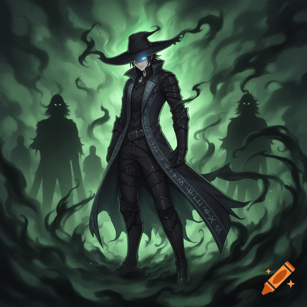 A dark-clad male necromancer with a wide-brimmed hat and glowing blue eyes stands amidst green smoke and shadowy figures in anime style.