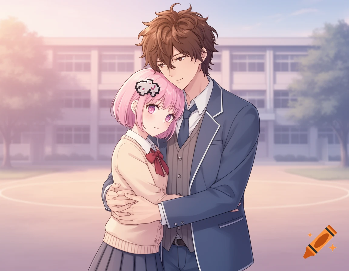 Anime illustration of a brown-haired male student hugging a pink-haired female student in a school courtyard.