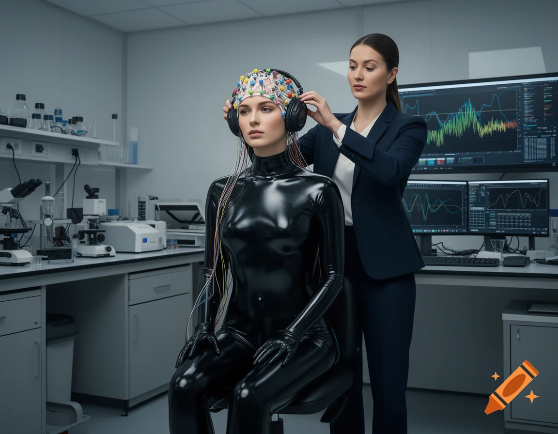 A woman in a black latex suit and EEG cap sits in a lab while another woman adjusts her headphones, with monitors in the background.