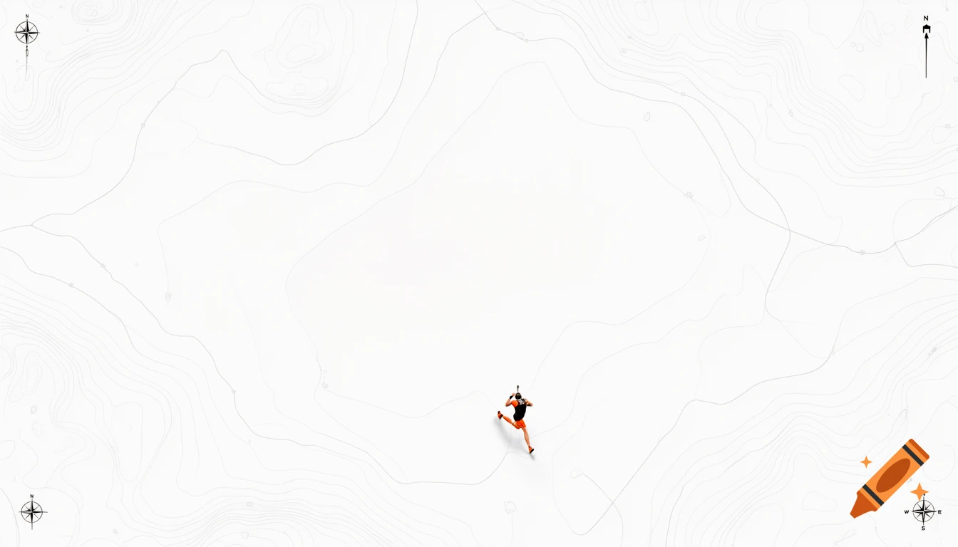 An aerial view of a person in orange and black running on a minimalist white orienteering map with faint contour lines and compass roses.