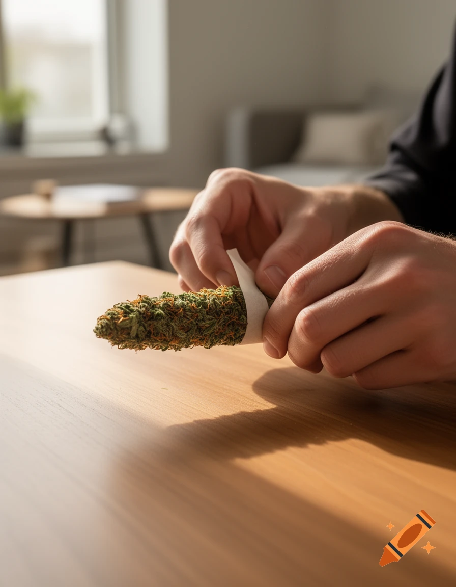 Close-up of a person's hands rolling a marijuana bud on a light wooden table indoors.