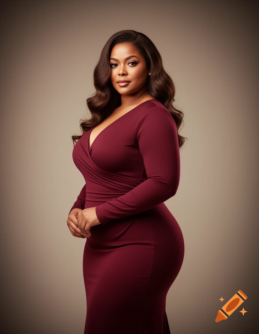 A full-figured woman with long wavy hair wears a burgundy dress, looking at the viewer against a light brown background.