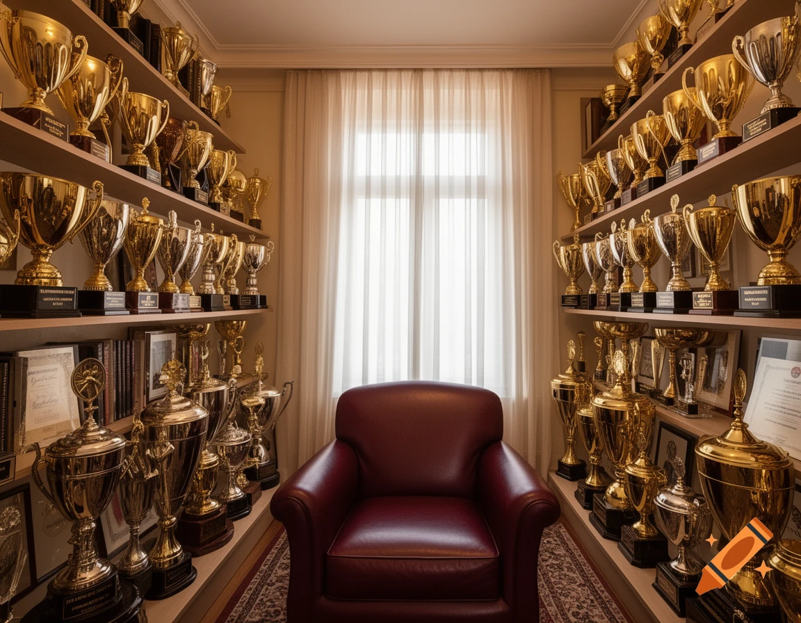 A photorealistic image of a room with shelves full of gold trophies on both sides, and a red armchair in the center in front of a window.
