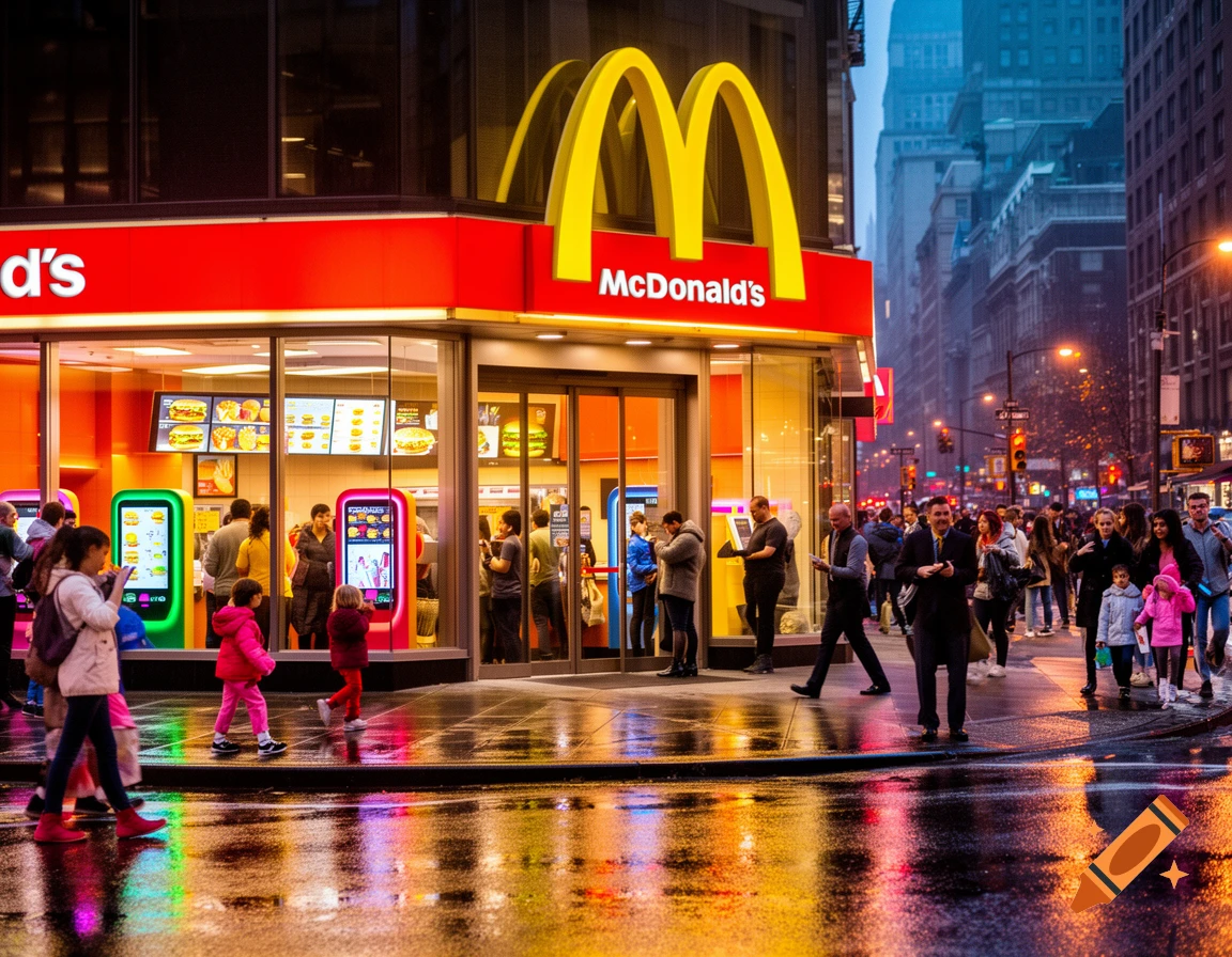A photorealistic McDonald's restaurant sign at dusk, reflecting onto a wet city street bustling with pedestrians.