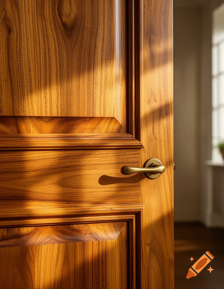 Close-up of a rich wooden door with a brass doorknob, illuminated by warm sunlight, slightly ajar revealing a bright interior.