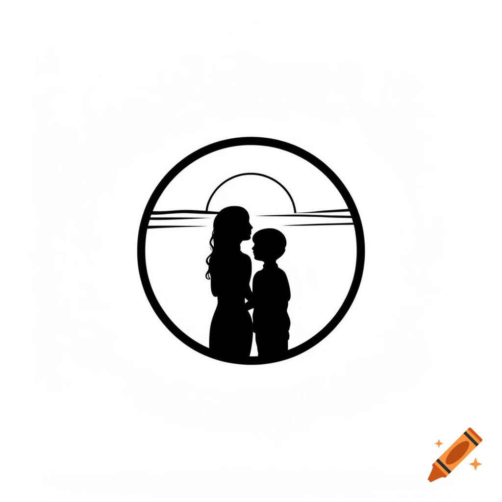 Black silhouette of a woman and boy watching the sunset within a circular frame.