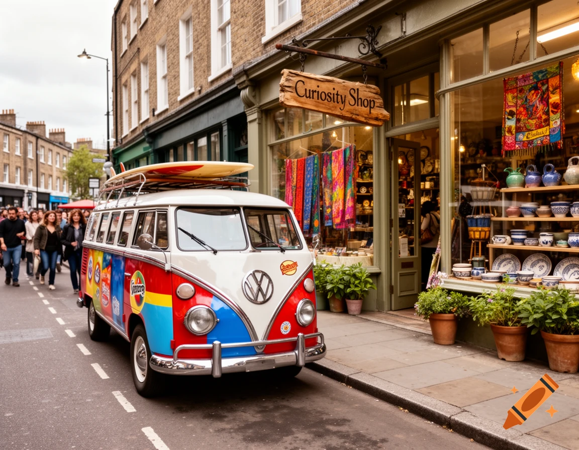 A colorful Volkswagen van with a surfboard on its roof is parked outside a 'Curiosity Shop' on a lively street.