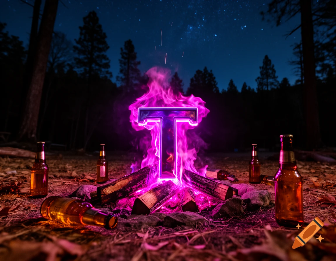 A glowing magenta neon 'T' letter burns within a campfire, surrounded by beer bottles, in a dark forest under a starry night sky.